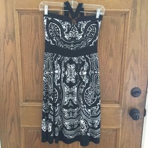 black and white strapless with tie back dress